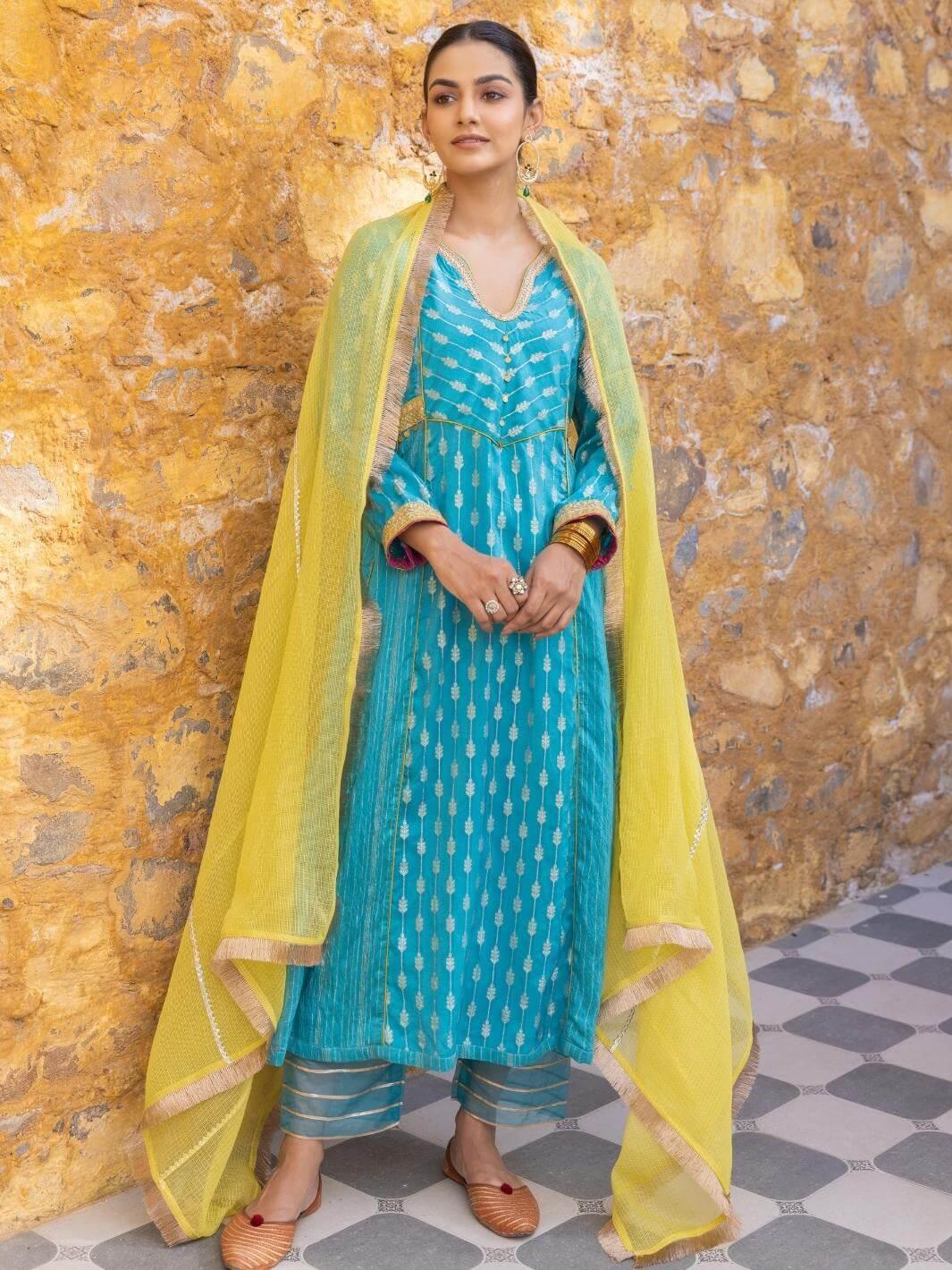 Turquoise Blue Embroidered Zari A-Line Kurta Set with Dupatta - Myaara