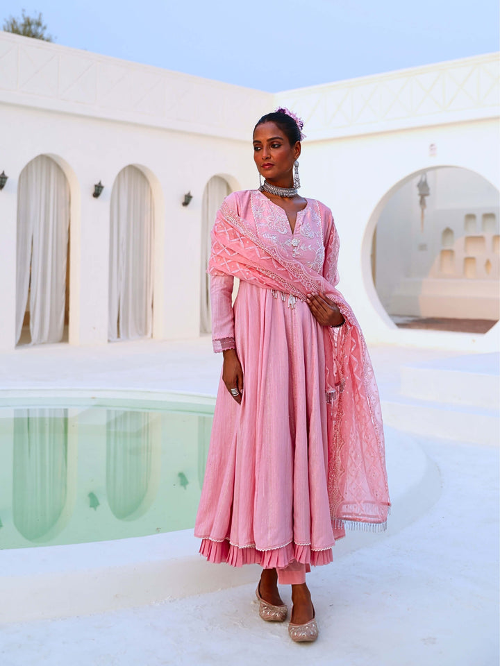 Soft Pink Embroidered Flared Anarkali Set with Organza Dupatta