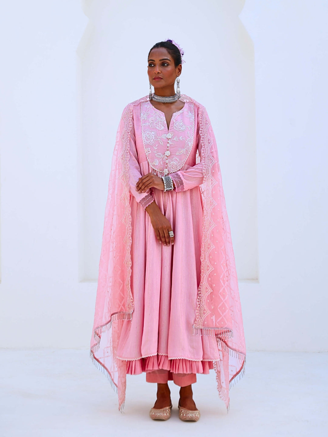 Soft Pink Embroidered Flared Anarkali Set with Organza Dupatta