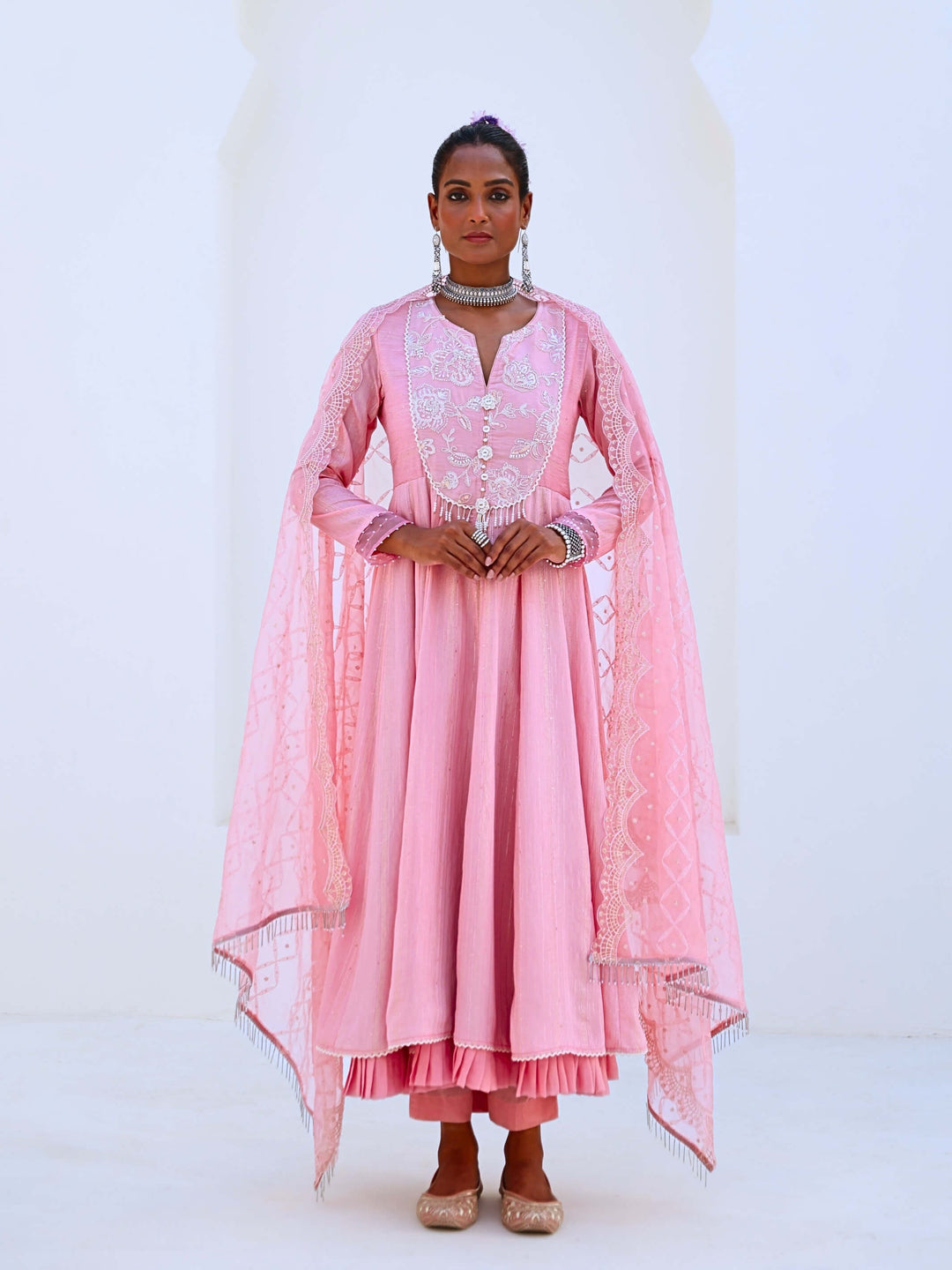 Soft Pink Embroidered Flared Anarkali Set with Organza Dupatta