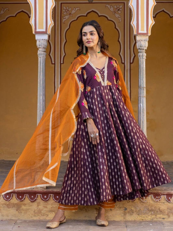 Brown Embroidered Anarkali Set with Organza Dupatta - Myaara