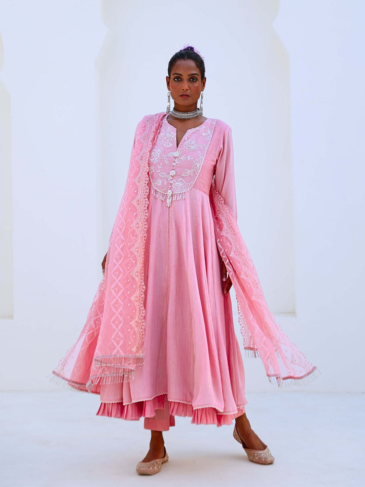 Soft Pink Embroidered Flared Anarkali Set with Organza Dupatta