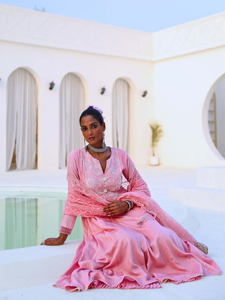 Soft Pink Embroidered Flared Anarkali Set with Organza Dupatta