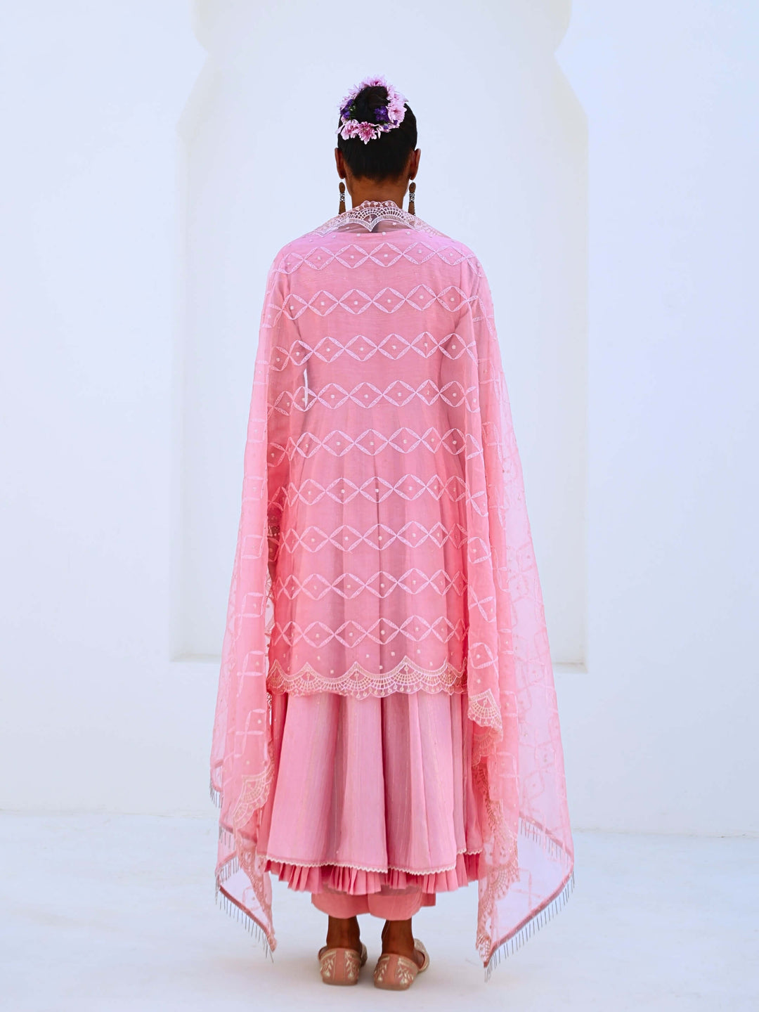 Soft Pink Embroidered Flared Anarkali Set with Organza Dupatta