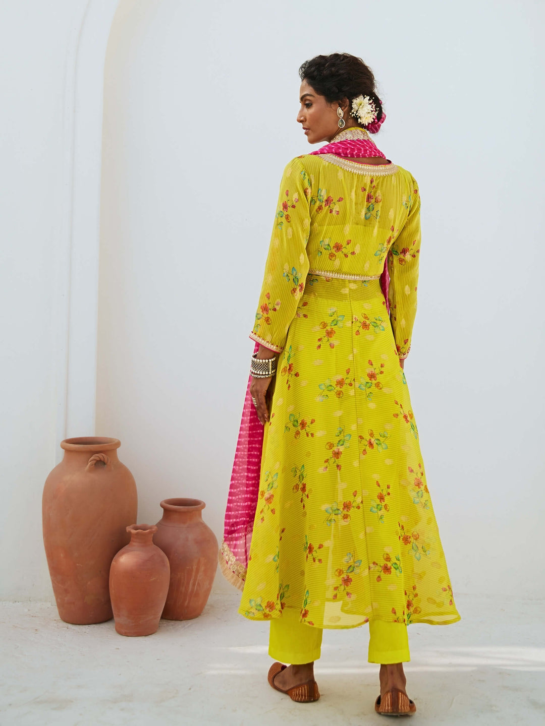 Lemon Green Tissue Chanderi Printed Kurta Set with Leheriya Dupatta