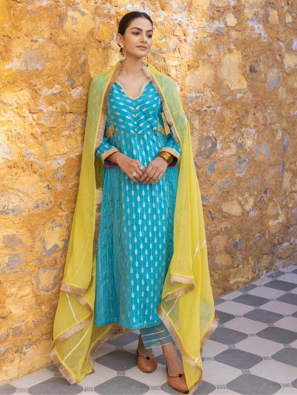 Turquoise Blue Embroidered Zari A-Line Kurta Set with Dupatta - Myaara