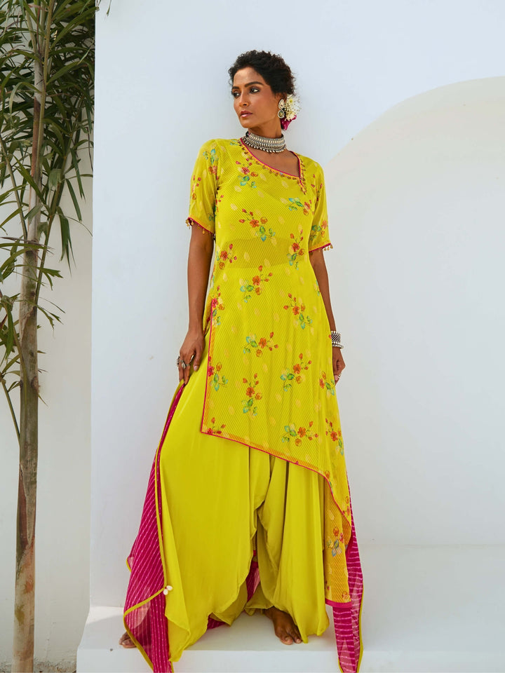 Lemon Green Tissue Chanderi Printed Fusion Set with Georgette Dupatta