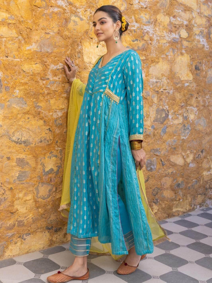 Turquoise Blue Embroidered Zari A-Line Kurta Set with Dupatta - Myaara