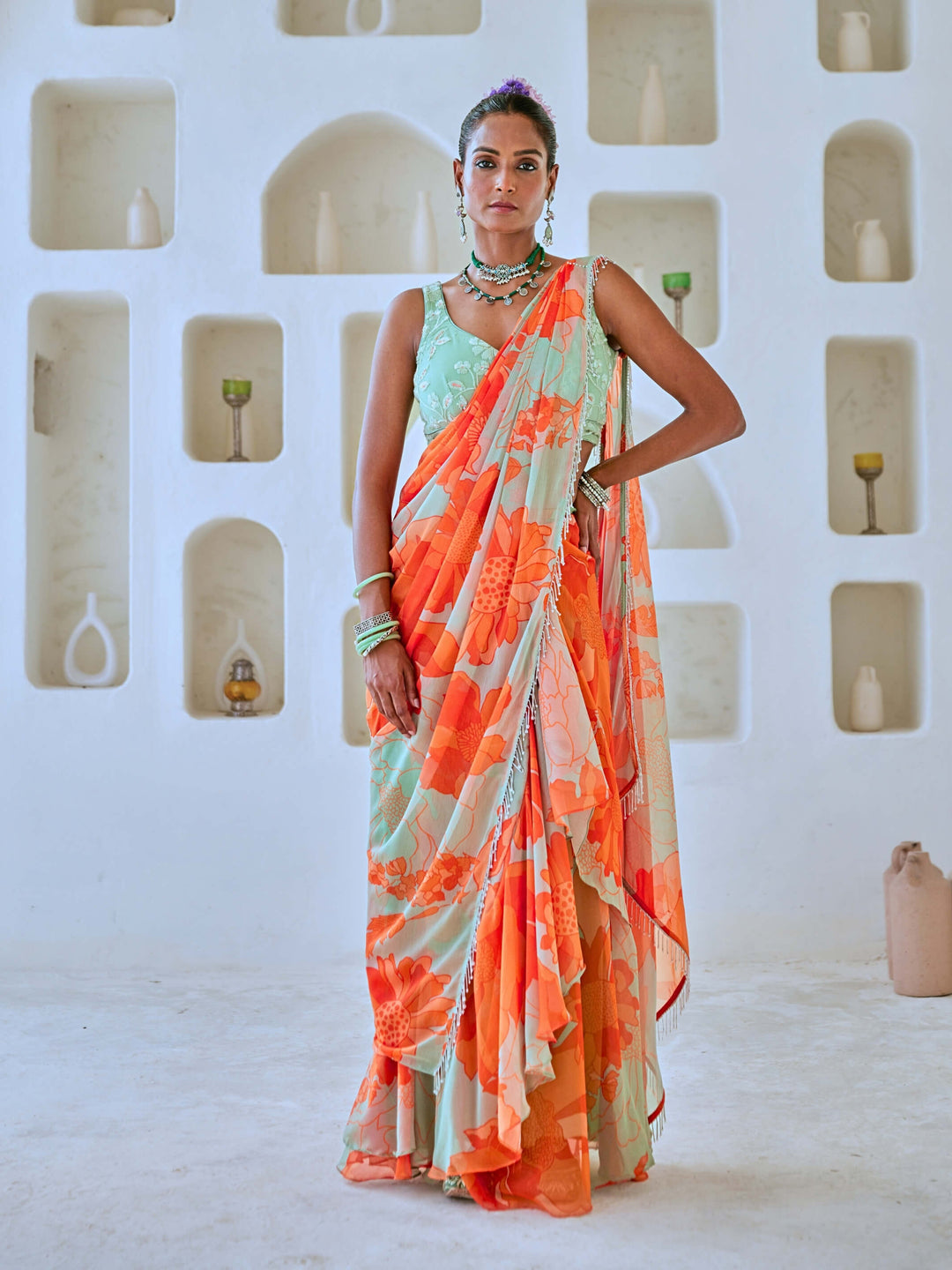 Mint Green Floral Chiffon Draped Saree with Embellished Blouse