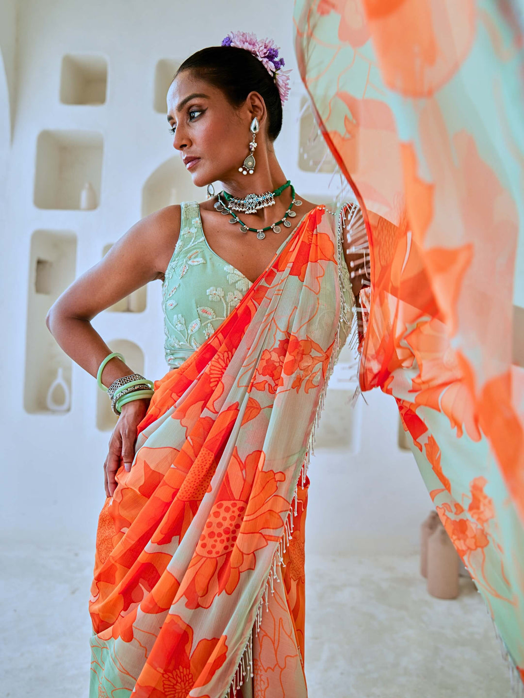 Mint Green Floral Chiffon Draped Saree with Embellished Blouse