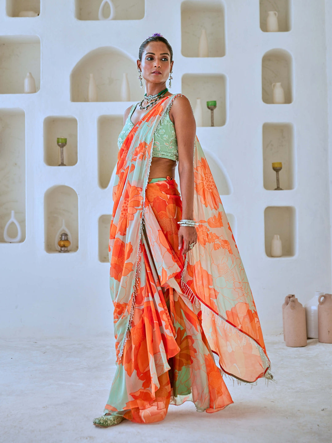 Mint Green Floral Chiffon Draped Saree with Embellished Blouse