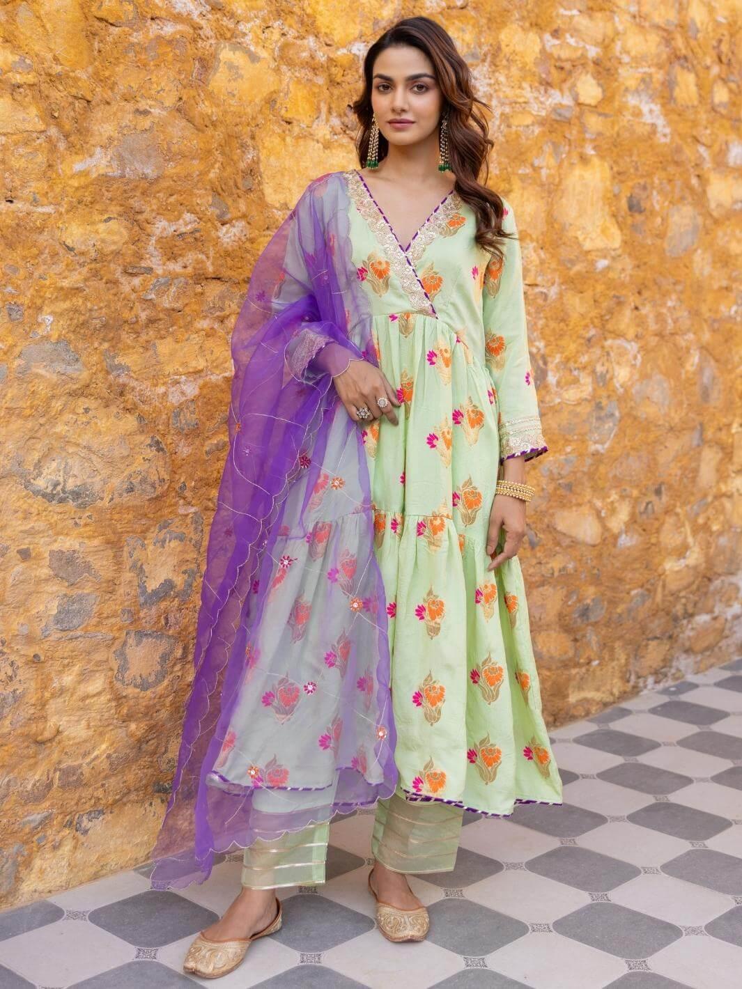 Mint Green Flared Kurta Set with Embroidered Organza Dupatta - Myaara