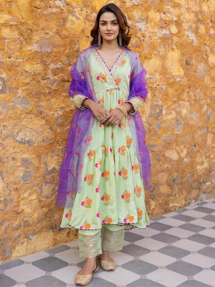 Mint Green Flared Kurta Set with Embroidered Organza Dupatta - Myaara