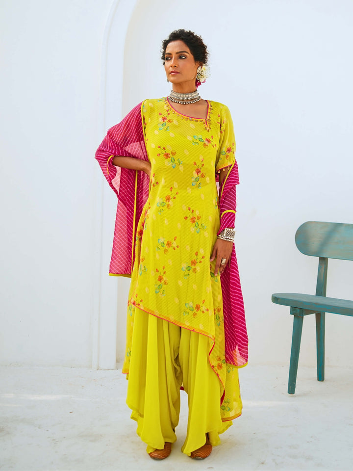 Lemon Green Tissue Chanderi Printed Fusion Set with Georgette Dupatta