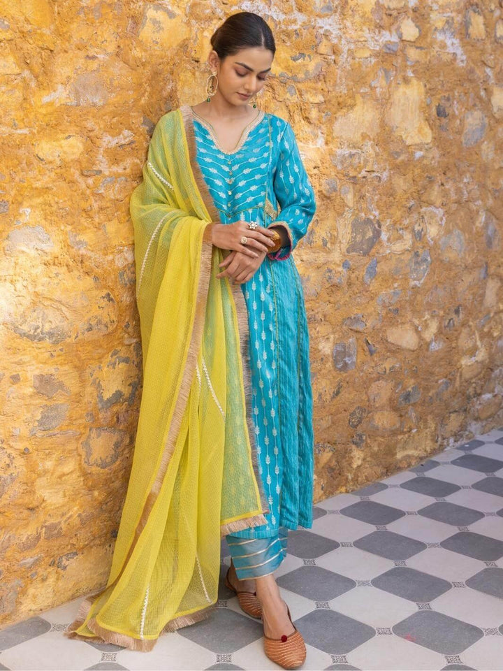 Turquoise Blue Embroidered Zari A-Line Kurta Set with Dupatta - Myaara