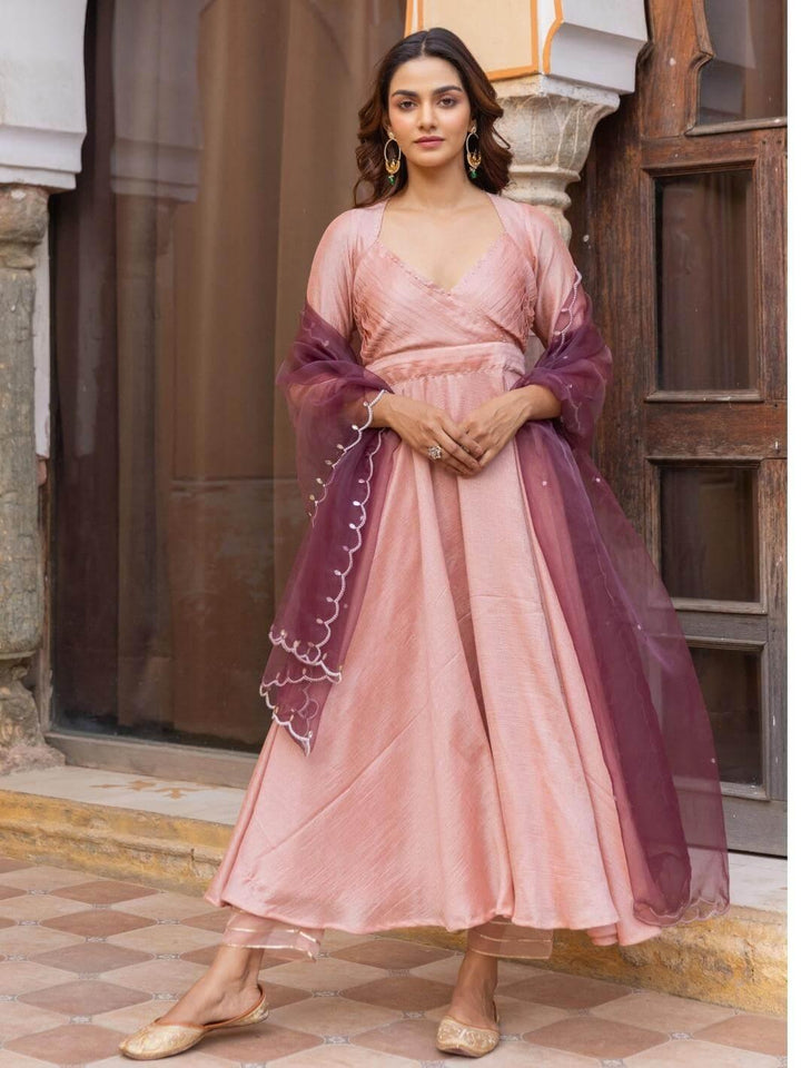 Peach Pleated Georgette Anarkali Set with Embroidered Dupatta - Myaara