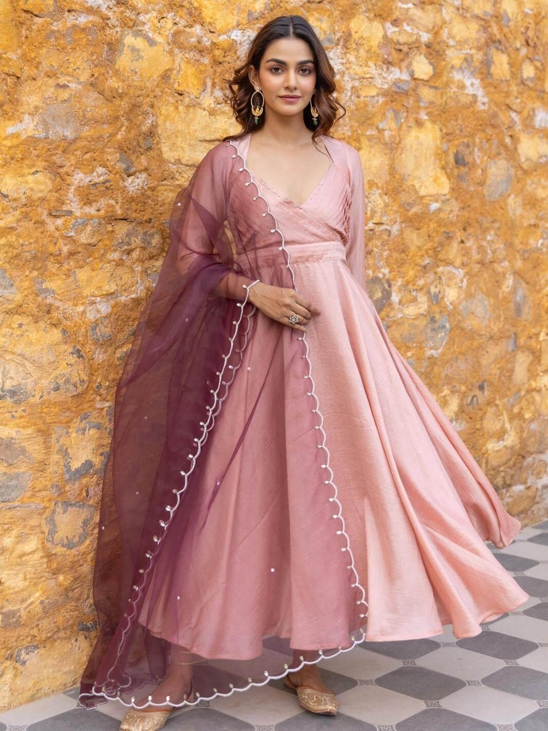 Peach Pleated Georgette Anarkali Set with Embroidered Dupatta - Myaara