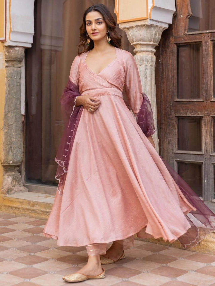 Peach Pleated Georgette Anarkali Set with Embroidered Dupatta - Myaara