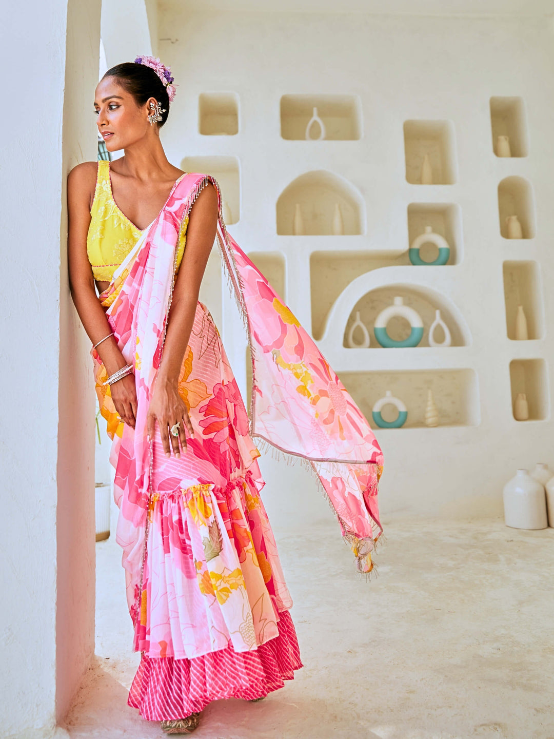 White & Pink Floral Chiffon Draped Saree with Embellished Blouse