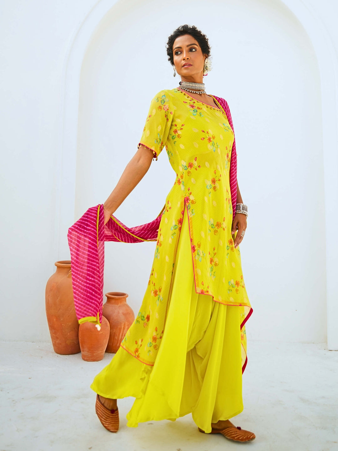 Lemon Green Tissue Chanderi Printed Fusion Set with Georgette Dupatta