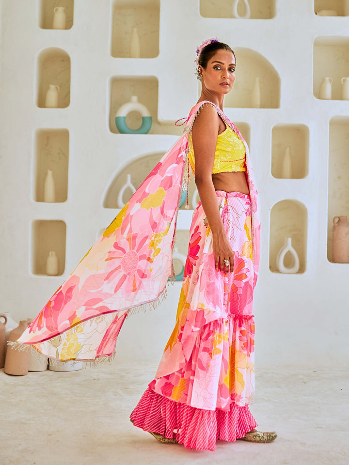 White & Pink Floral Chiffon Draped Saree with Embellished Blouse