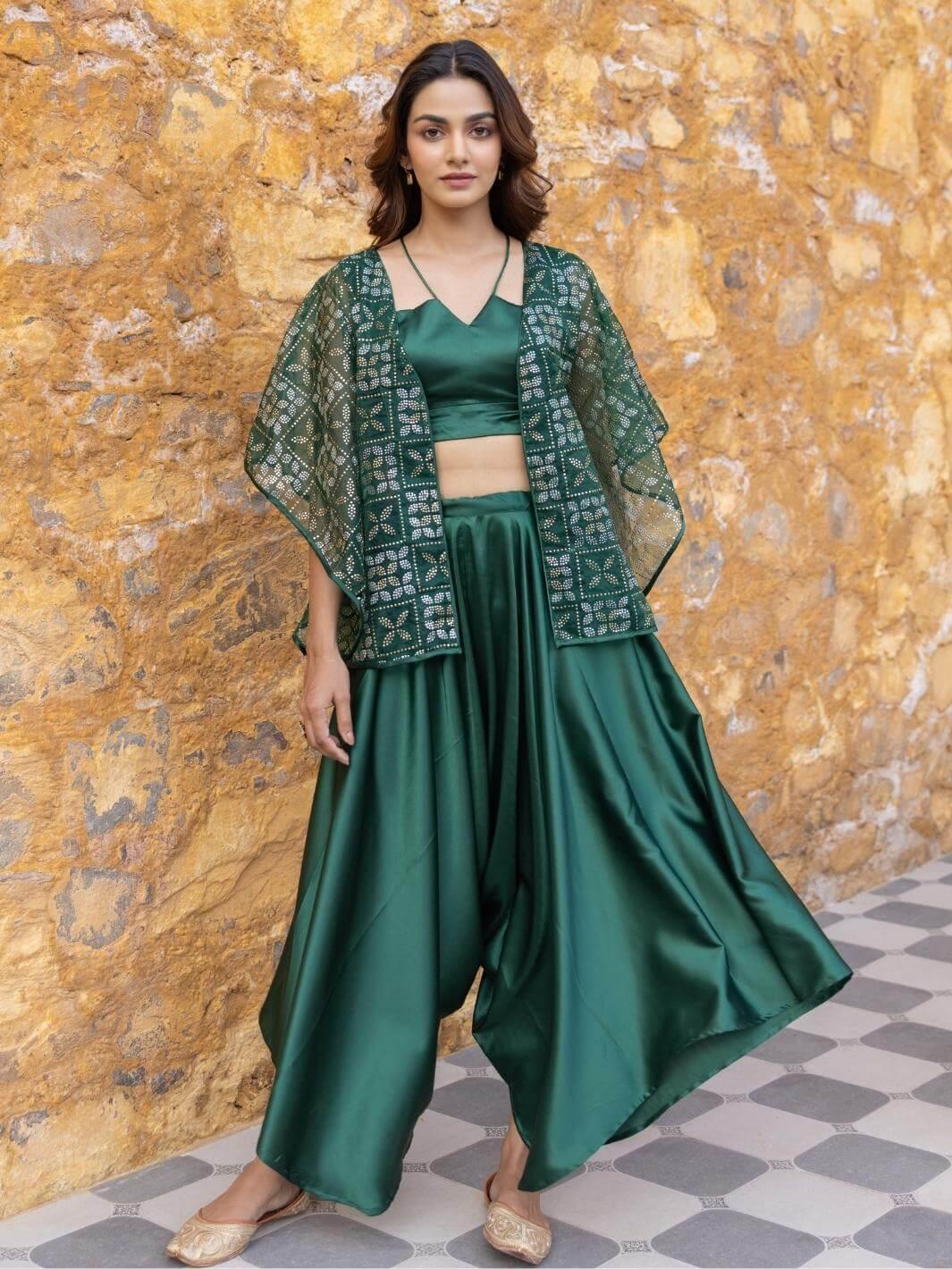 Green Satin Coord Set with Embellished Organza Jacket - Myaara