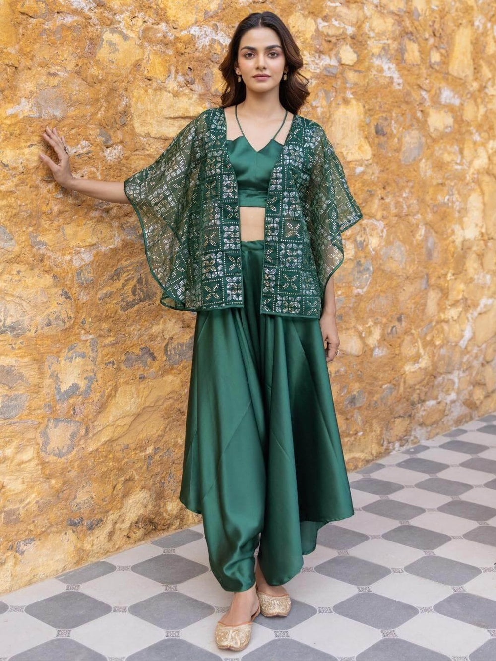 Green Satin Coord Set with Embellished Organza Jacket - Myaara