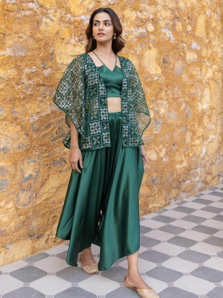 Green Satin Coord Set with Embellished Organza Jacket - Myaara