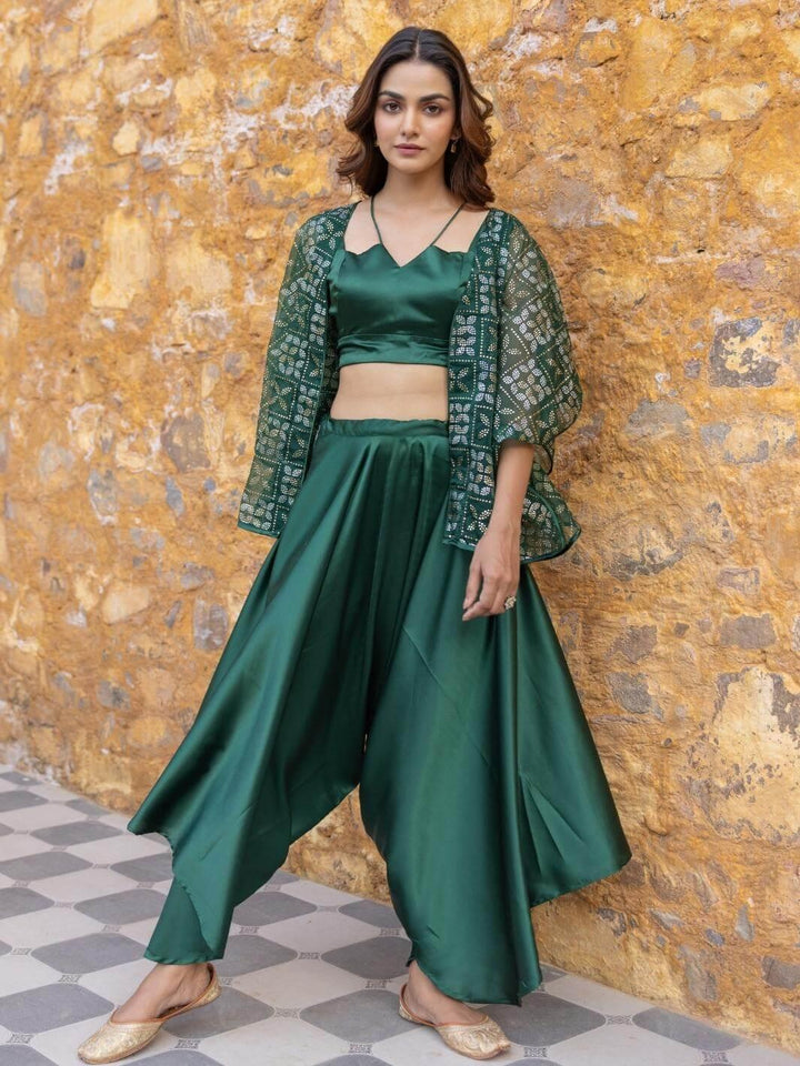 Green Satin Coord Set with Embellished Organza Jacket - Myaara