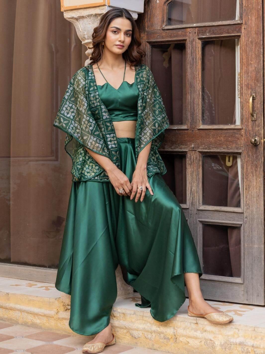 Green Satin Coord Set with Embellished Organza Jacket - Myaara