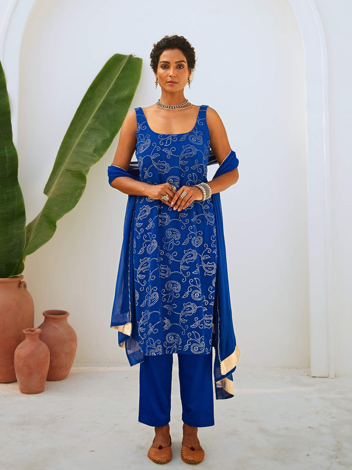 Royal Blue Mukaish Georgette Kurta Set with Chiffon Dupatta