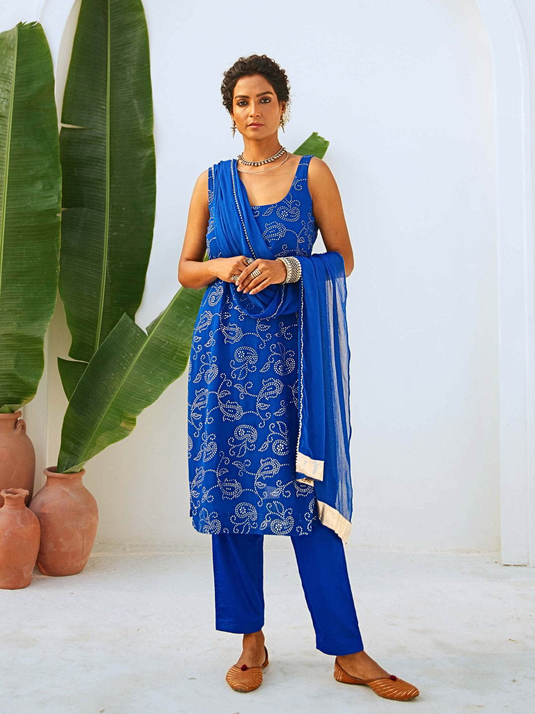 Royal Blue Mukaish Georgette Kurta Set with Chiffon Dupatta