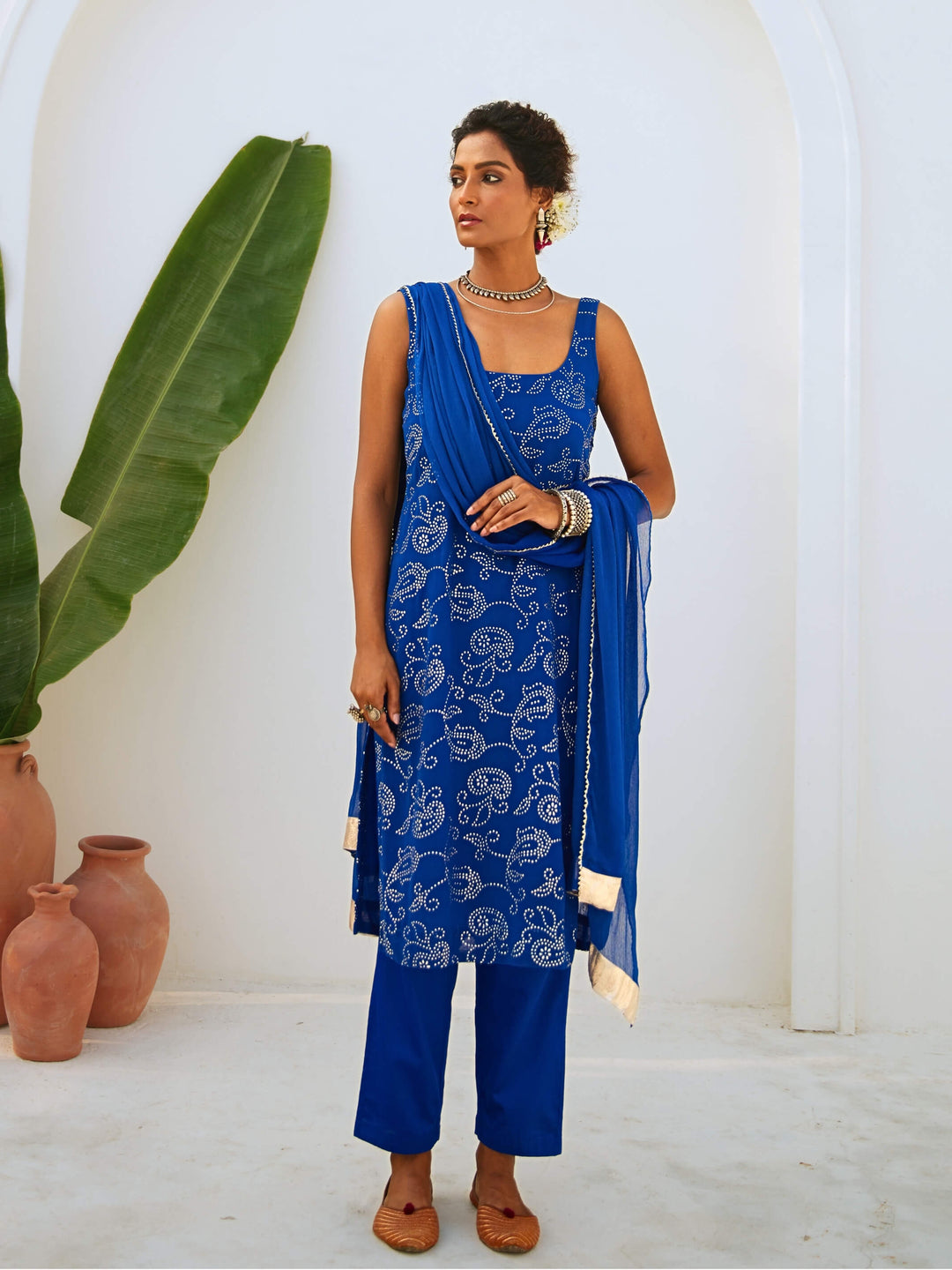 Royal Blue Mukaish Georgette Kurta Set with Chiffon Dupatta