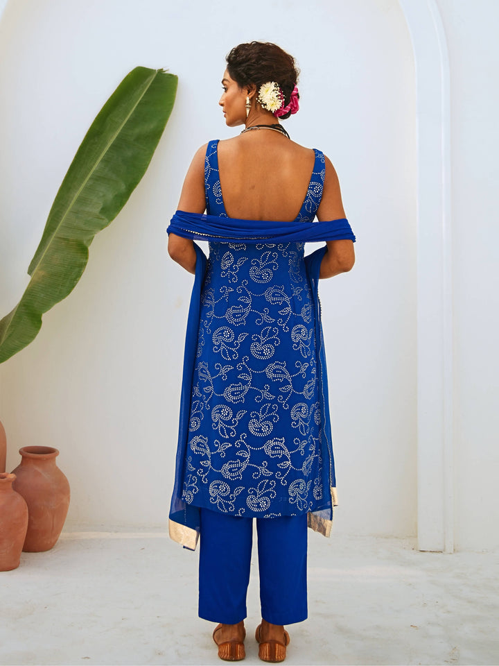 Royal Blue Mukaish Georgette Kurta Set with Chiffon Dupatta