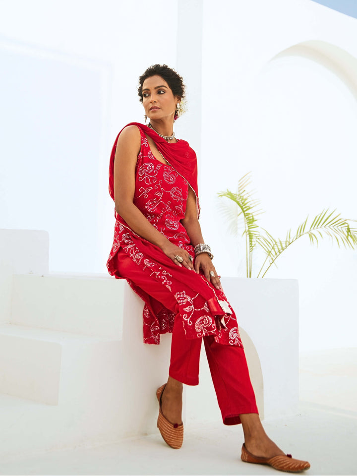 Scarlet Red Mukaish Georgette Kurta Set with Chiffon Dupatta