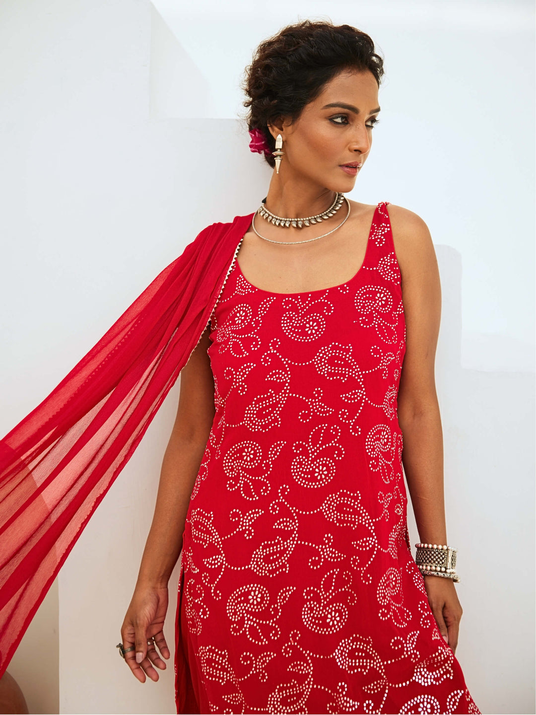 Scarlet Red Mukaish Georgette Kurta Set with Chiffon Dupatta