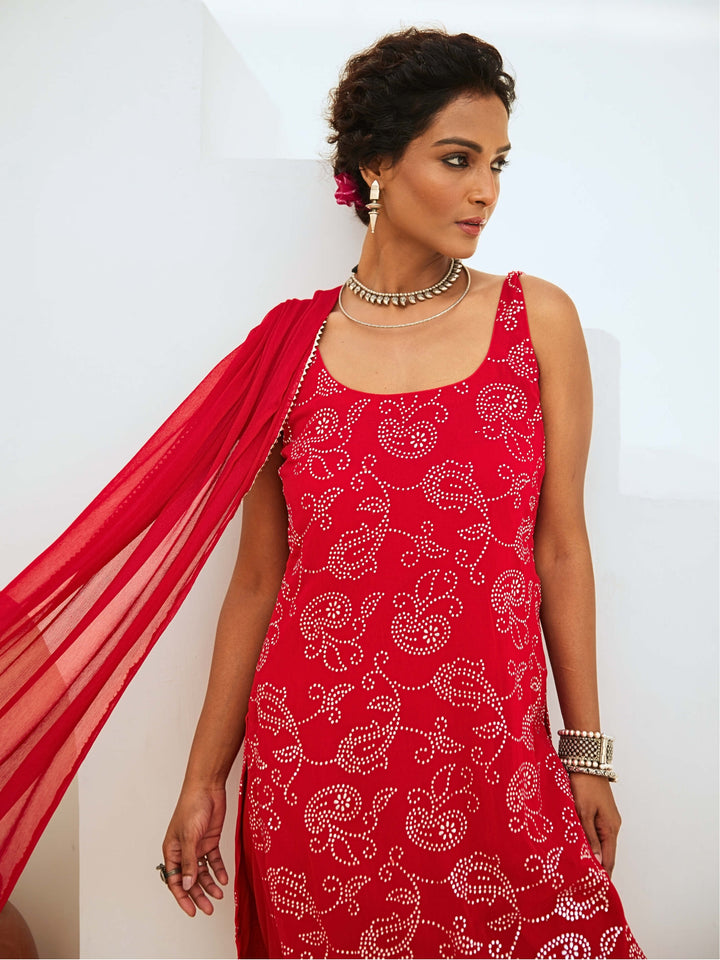 Scarlet Red Mukaish Georgette Kurta Set with Chiffon Dupatta