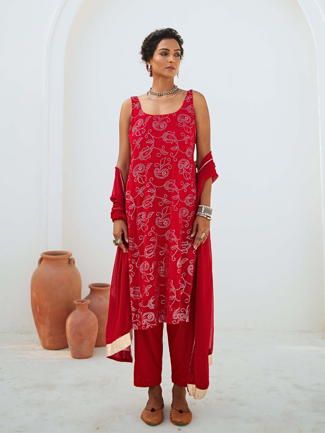 Scarlet Red Mukaish Georgette Kurta Set with Chiffon Dupatta