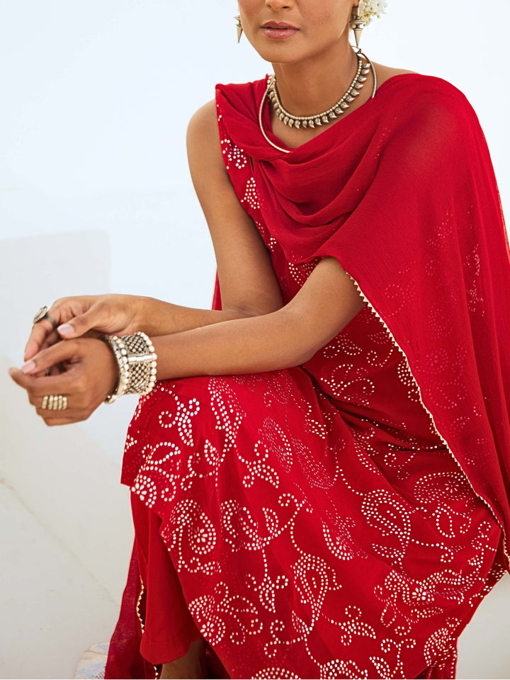 Scarlet Red Mukaish Georgette Kurta Set with Chiffon Dupatta