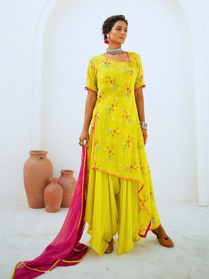 Lemon Green Tissue Chanderi Printed Fusion Set with Georgette Dupatta