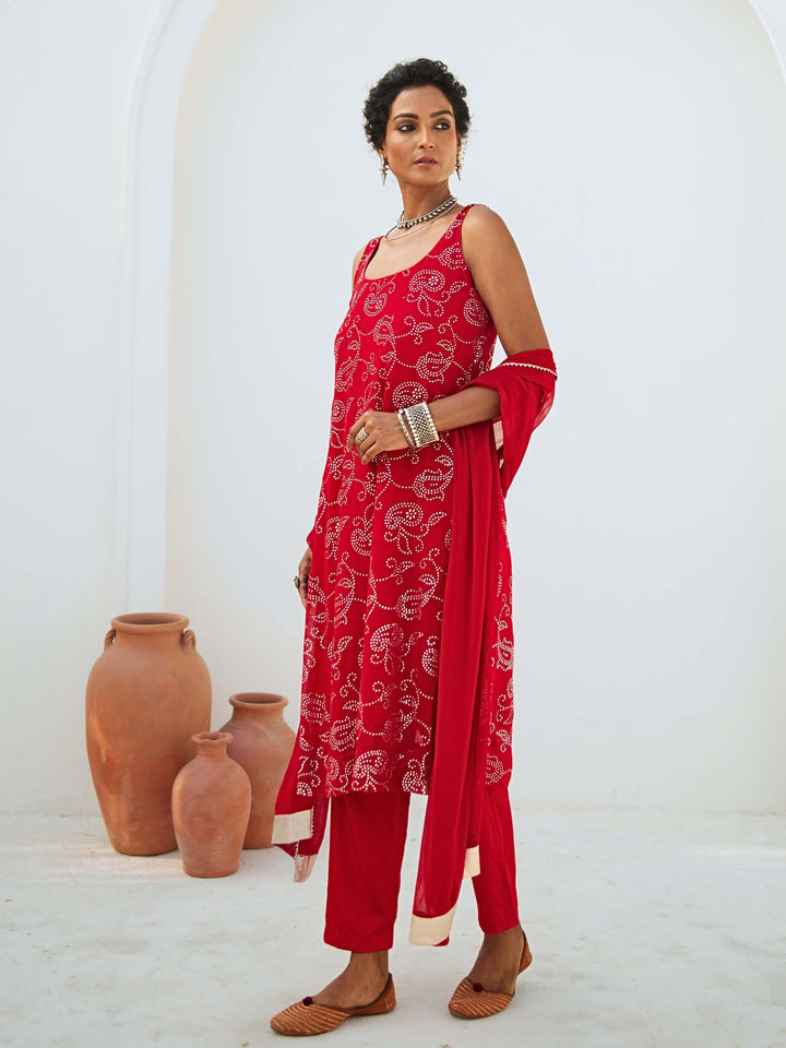 Scarlet Red Mukaish Georgette Kurta Set with Chiffon Dupatta