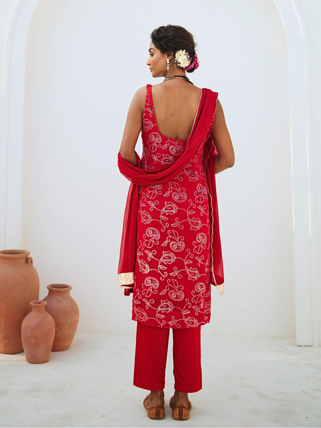 Scarlet Red Mukaish Georgette Kurta Set with Chiffon Dupatta