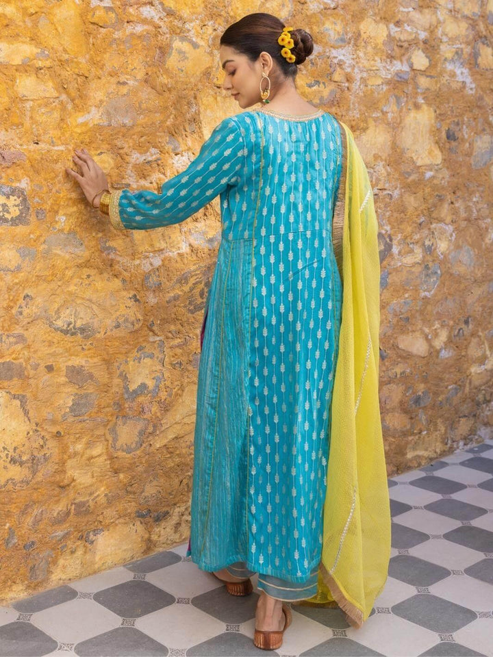 Turquoise Blue Embroidered Zari A-Line Kurta Set with Dupatta - Myaara