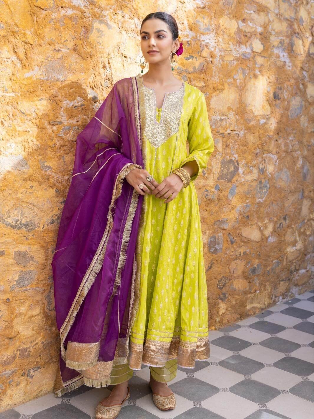 Lime Green Zari Embroidered Anarkali Set with Organza Dupatta - Myaara