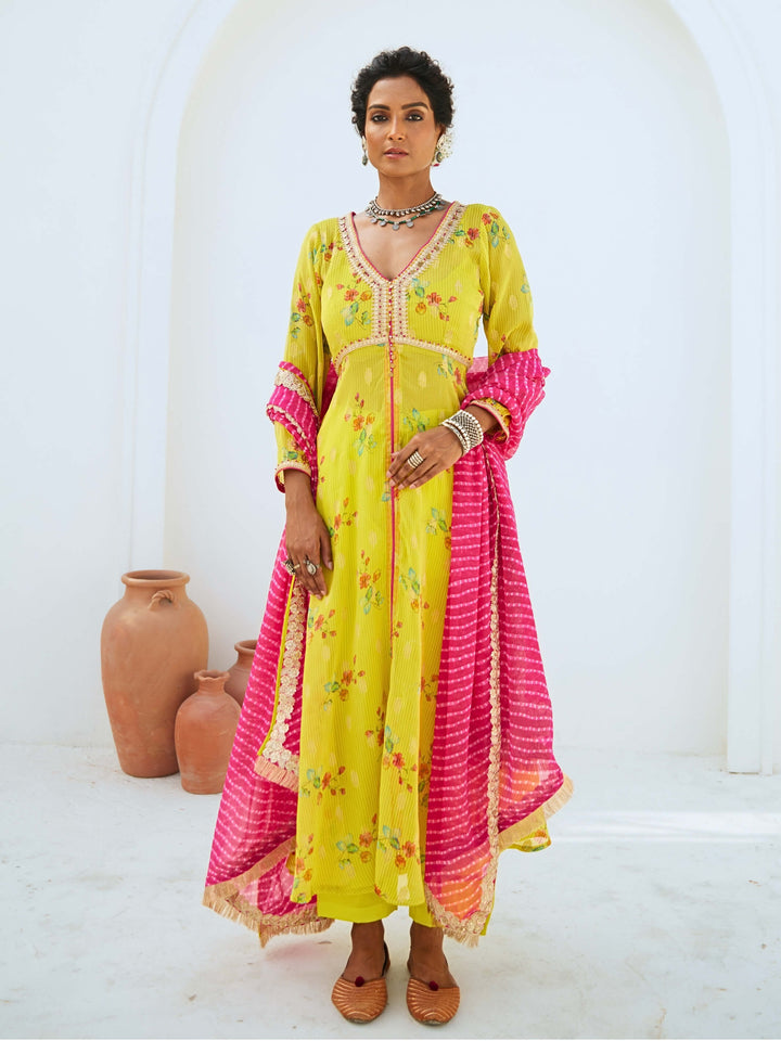 Lemon Green Tissue Chanderi Printed Kurta Set with Leheriya Dupatta