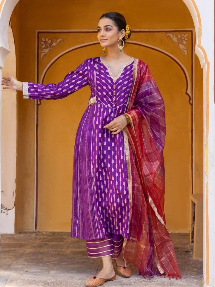 Purple Embroidered Zari A-Line Kurta Set with Organza Dupatta - Myaara