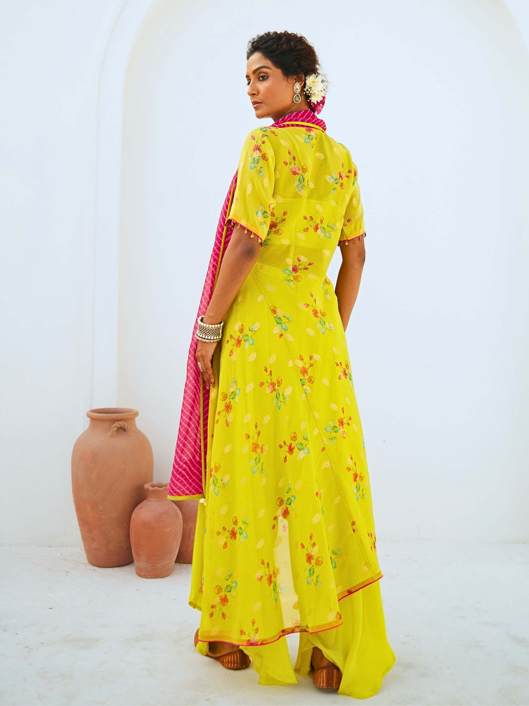 Lemon Green Tissue Chanderi Printed Fusion Set with Georgette Dupatta