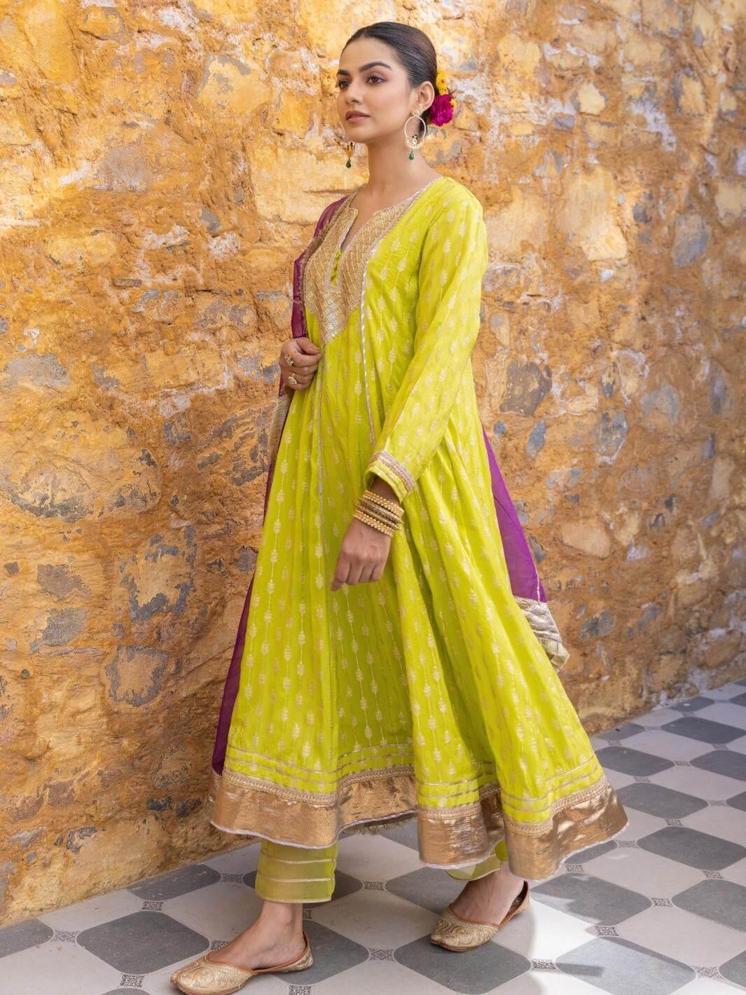 Lime Green Zari Embroidered Anarkali Set with Organza Dupatta - Myaara