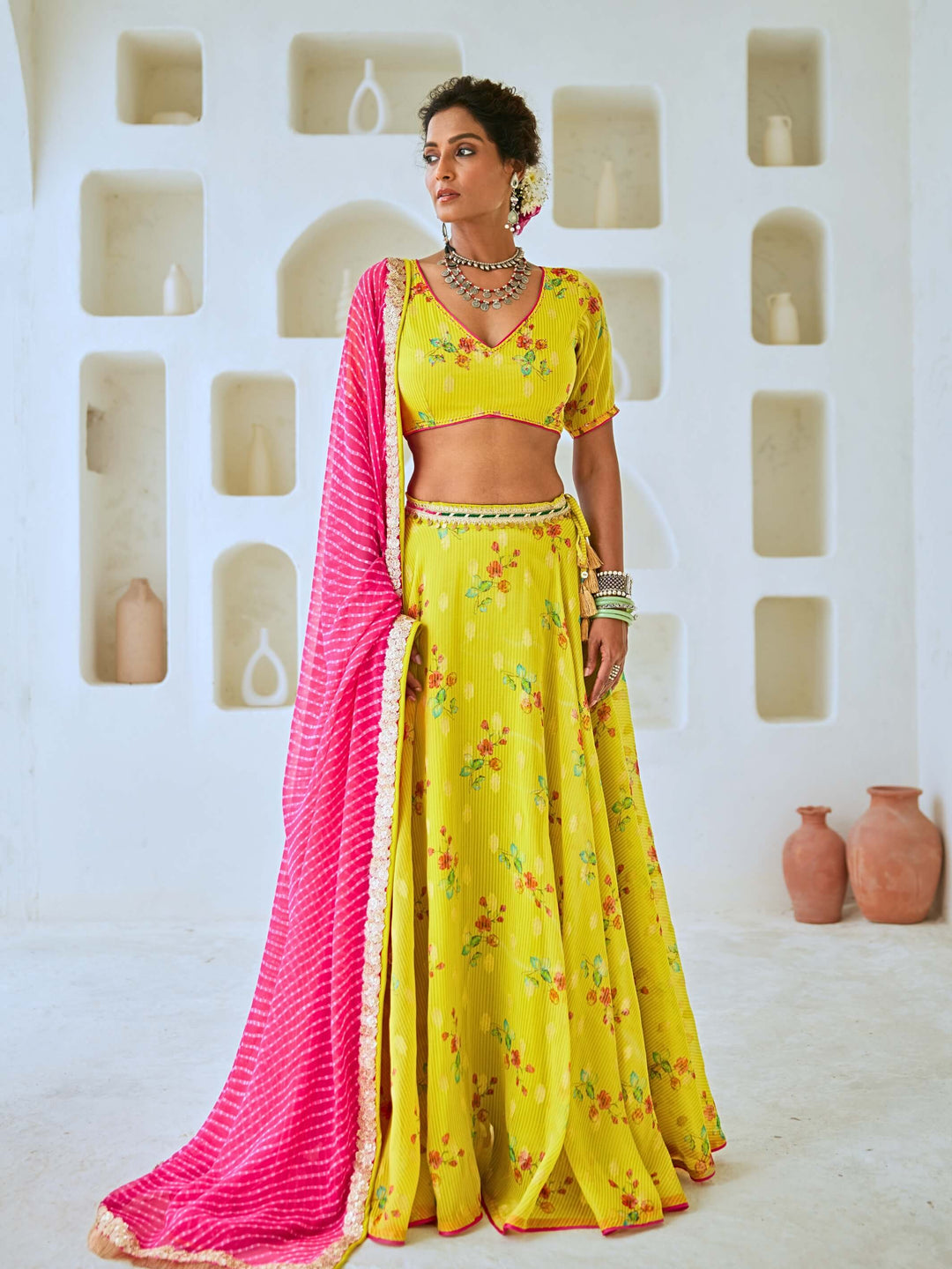 Lemon Green Tissue Chanderi Floral Lehenga Set with Leheriya Dupatta