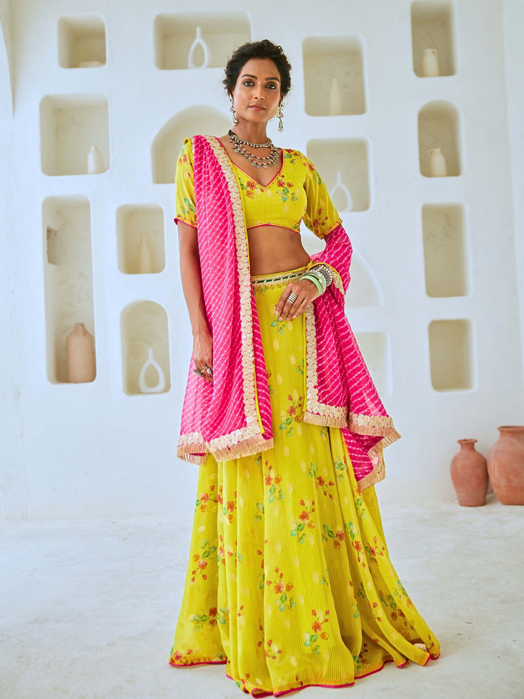 Lemon Green Tissue Chanderi Floral Lehenga Set with Leheriya Dupatta